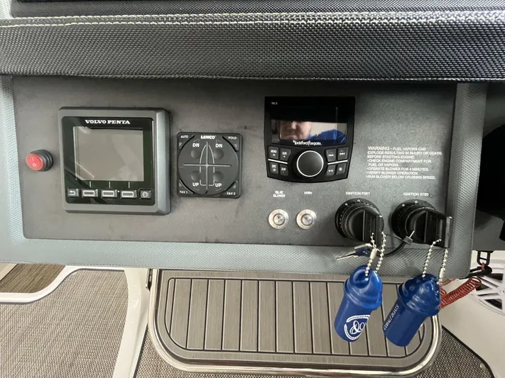  Yacht Photos Pics Control panel of a 2016 Cobalt A40 boat with Volvo Penta display and keys.