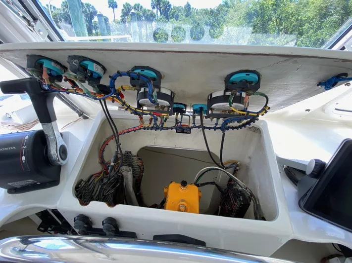 Mirage Yacht Photos Pics Boat dashboard wiring and controls, Custom model 62, 1996, with visible cables and components.