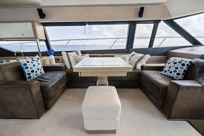 La Peque Yacht Photos Pics Luxurious interior of a 2016 Prestige 620 yacht with leather seating and ocean view.