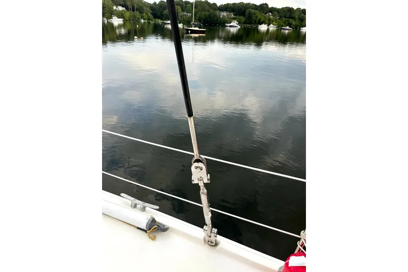 Destiny 2 Yacht Photos Pics Deck view of 2000 Fountaine Pajot Belize 43 catamaran on calm water.