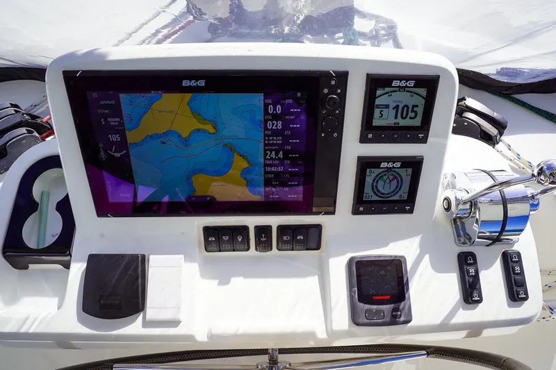 Scuba Doo Yacht Photos Pics Cockpit navigation system of 2021 Lagoon 50 catamaran with B&G displays and controls.