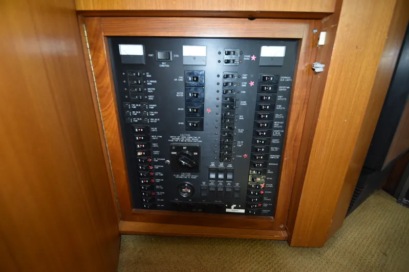 Whaler Yacht Photos Pics Electrical control panel of 1997 Ocean 48 Convertible yacht.