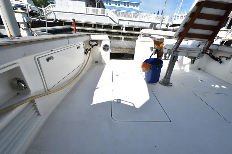 Whaler Yacht Photos Pics Deck of a 1997 Ocean 48 Convertible boat in harbor.