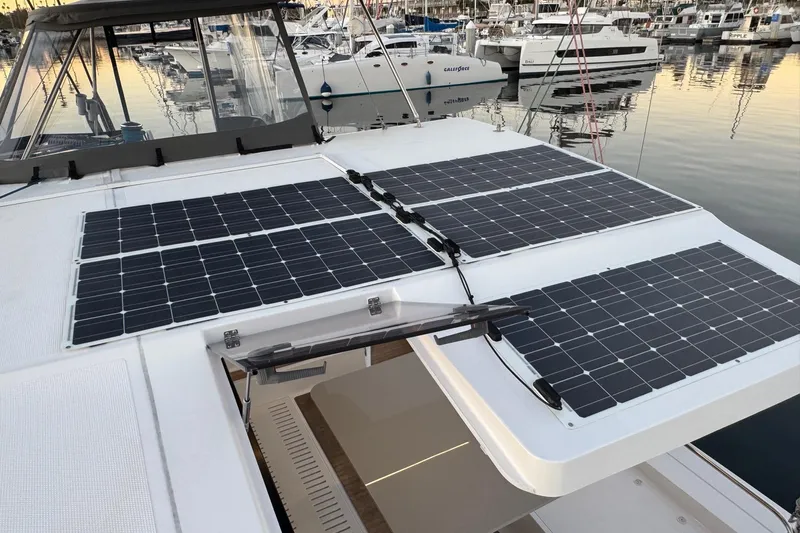 Keizan Yacht Photos Pics Solar panels on NEEL 43 trimaran, 2023 model, docked at marina.