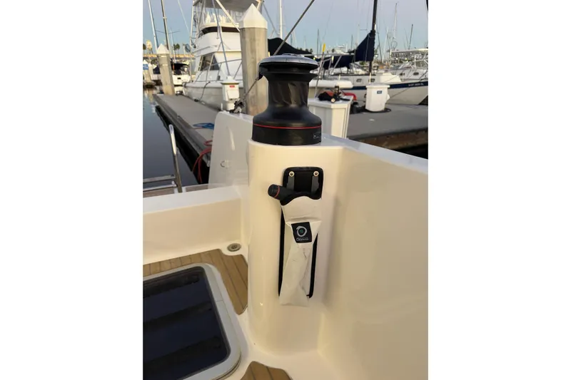 Keizan Yacht Photos Pics Sailing yacht NEEL 43, 2023 model, docked with winch and equipment storage.