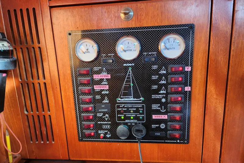 Runaway Yacht Photos Pics Control panel of a 2005 Elan 40 yacht with gauges and switches.