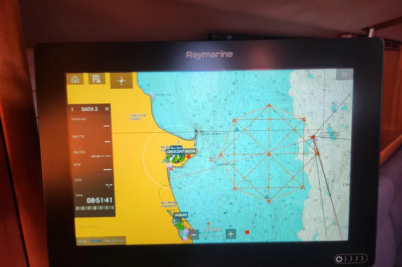 Runaway Yacht Photos Pics Raymarine navigation display on Elan 40 yacht, showing nautical chart and route.