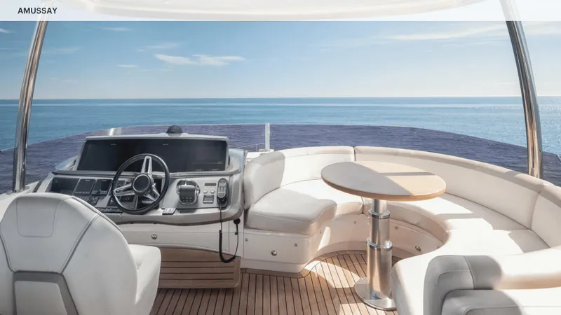 Amussay Yacht Photos Pics Luxurious 2020 Princess F62 yacht helm with ocean view and elegant seating area.