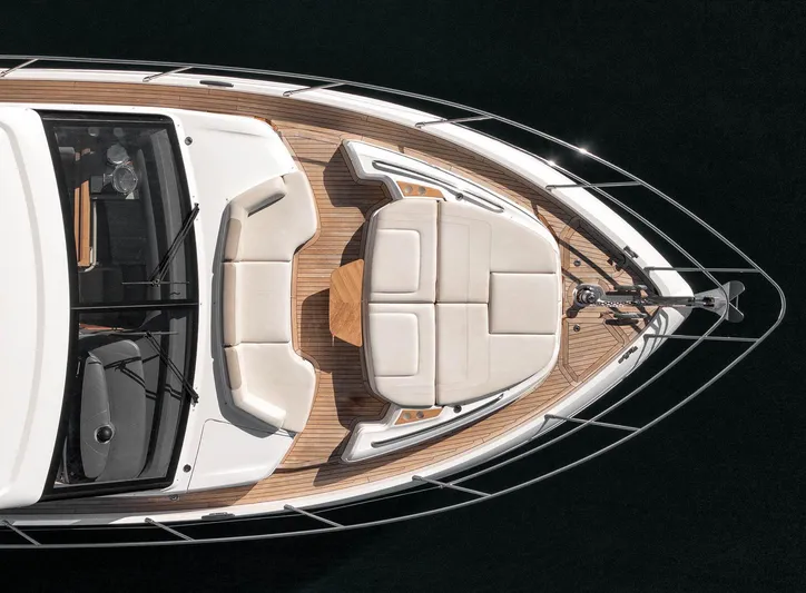 Amussay Yacht Photos Pics Top view of 2020 Princess F62 yacht's elegant deck with seating area.