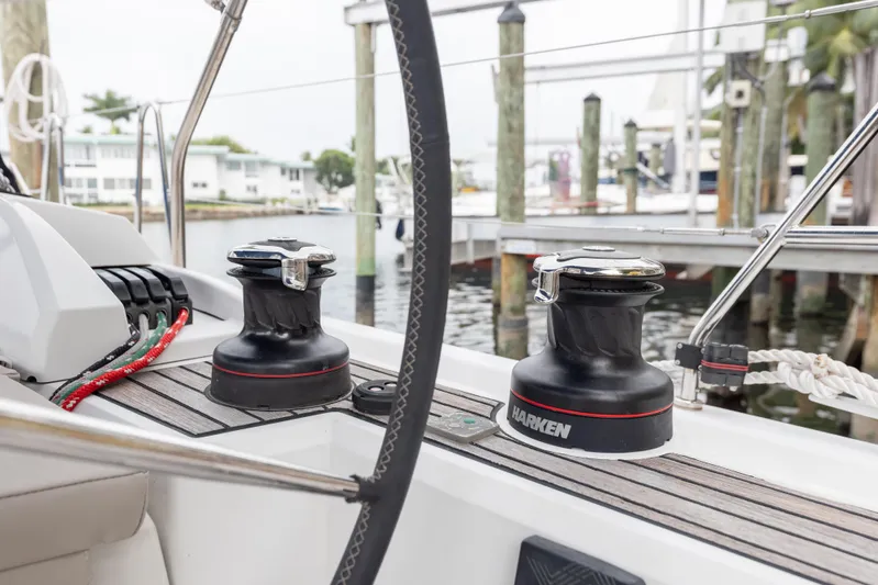 Siman H Yacht Photos Pics Beneteau Oceanis 46.1 sailboat deck with winches and ropes, 2020 model.