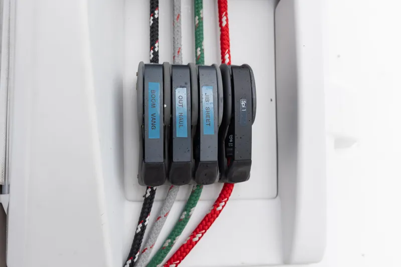 Siman H Yacht Photos Pics Control panel of a 2020 Beneteau Oceanis 46.1 sailboat with labeled ropes.