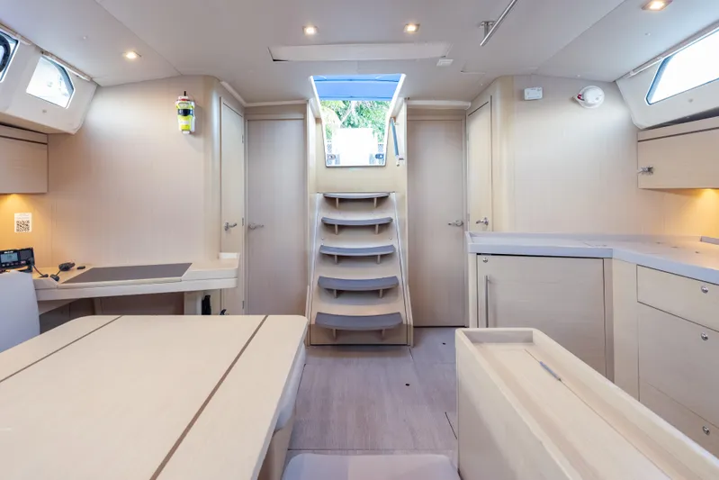 Siman H Yacht Photos Pics Interior of 2020 Beneteau Oceanis 46.1 yacht, featuring modern design and light wood finishes.