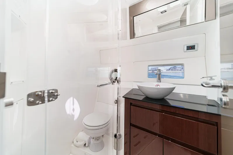 Adamas Yacht Photos Pics Modern bathroom interior on 2021 Schaefer 400 yacht with sleek fixtures and elegant design.