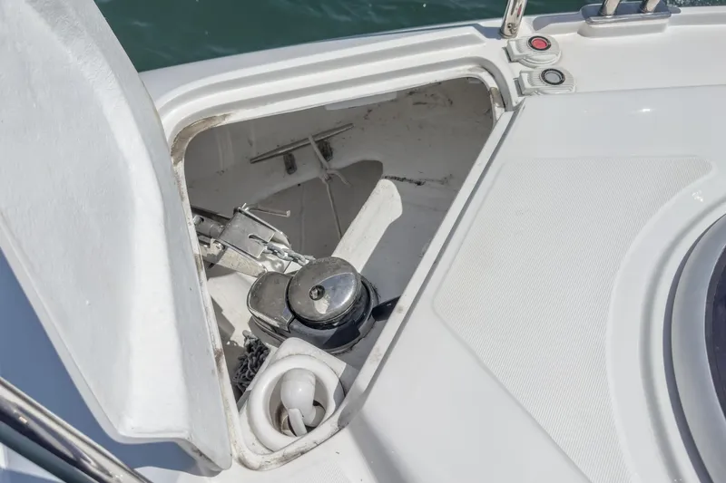 Adamas Yacht Photos Pics Anchor compartment of 2021 Schaefer 400 yacht, featuring winch and chain storage.