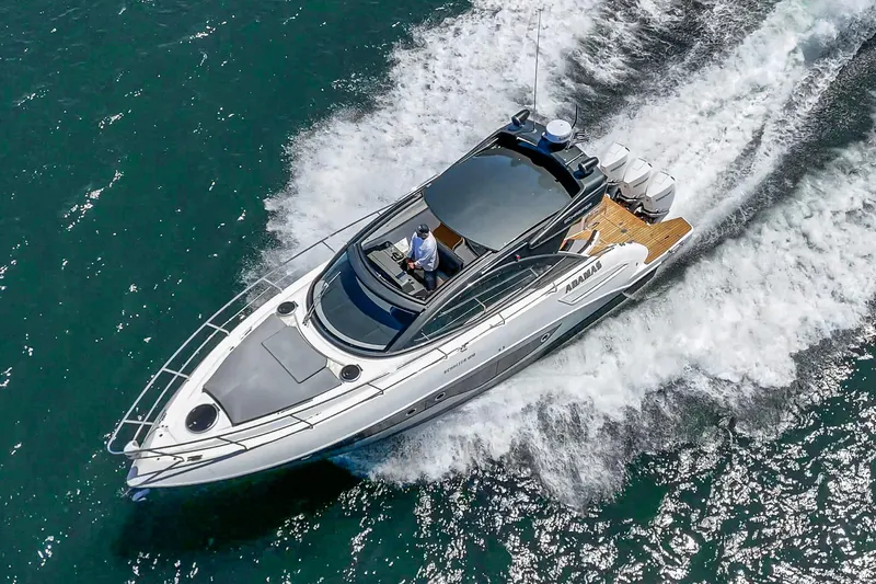 Adamas Yacht Photos Pics Schaefer 400 yacht cruising on open water, 2021 model, aerial view.