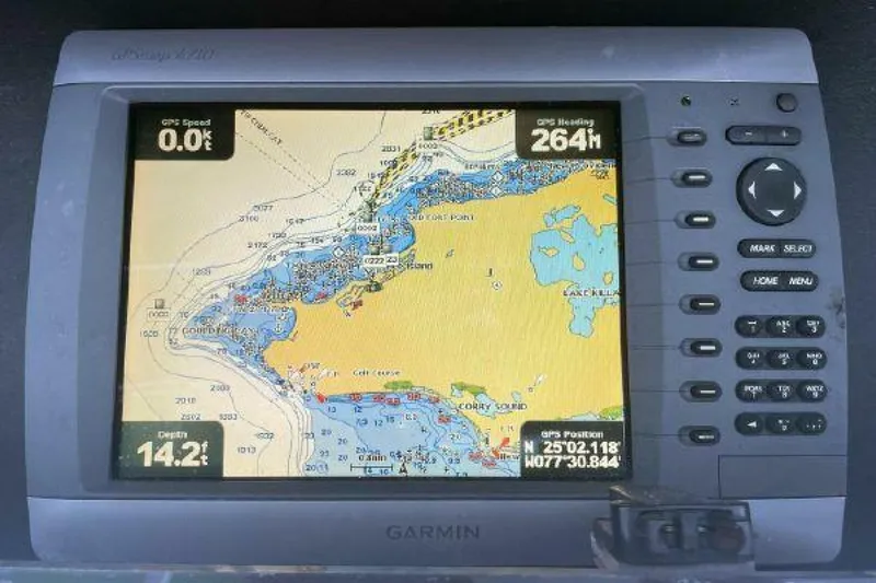 Maple Leaf Yacht Photos Pics Garmin GPS display on a 1981 Bertram Convertible boat showing navigation map.