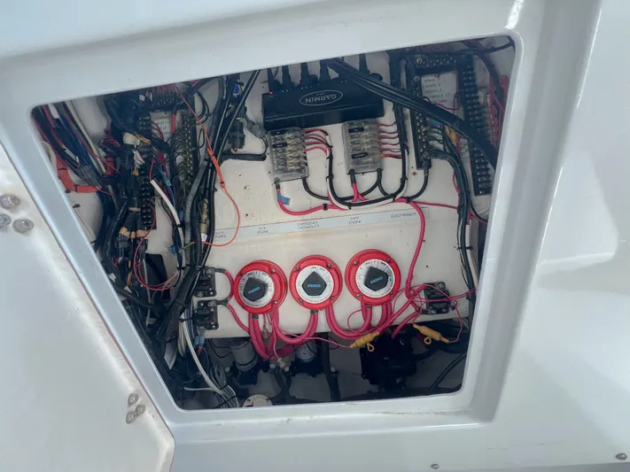  Yacht Photos Pics Electrical panel of a 2001 Venture 34 boat with wiring and switches.