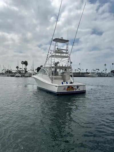Aubreezy Yacht Photos Pics 2007 Luhrs 41 Express boat on calm water with marina background.