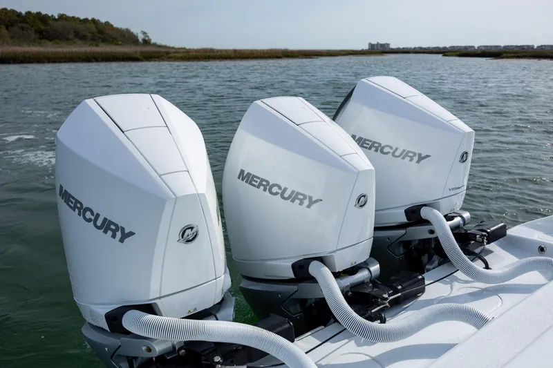  Yacht Photos Pics Triple Mercury outboard engines on a 2024 Yellowfin 34 Offshore boat.