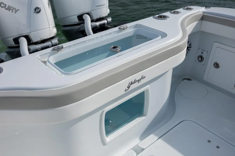  Yacht Photos Pics 2024 Yellowfin 34 Offshore boat with livewell and dual Mercury outboard engines.