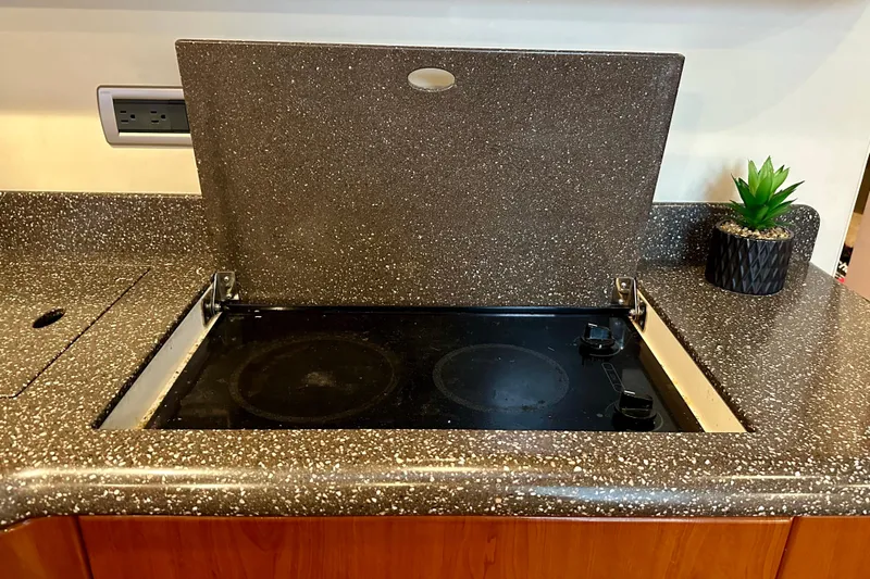 Formula 45 Yacht Photos Pics 2008 Formula 45 Yacht kitchen with electric stove and countertop plant.