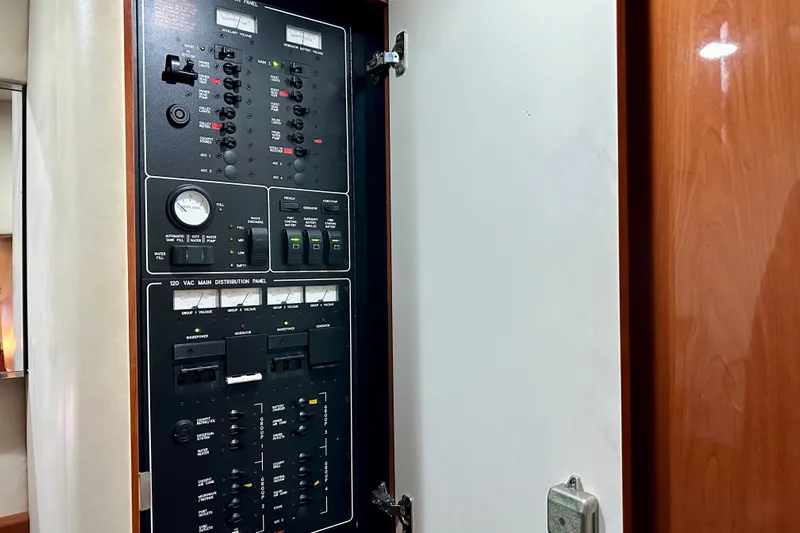 Formula 45 Yacht Photos Pics Electrical control panel inside 2008 Formula 45 Yacht, featuring various switches and gauges.