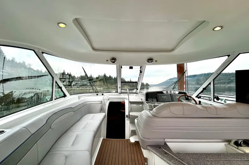 Formula 45 Yacht Photos Pics Interior of a 2008 Formula 45 Yacht with luxurious seating and panoramic windows.