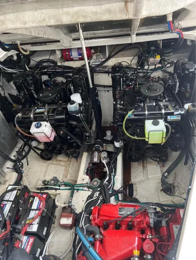  Yacht Photos Pics Engine compartment of 2013 Sea Ray 330 Sundancer with dual engines and batteries.