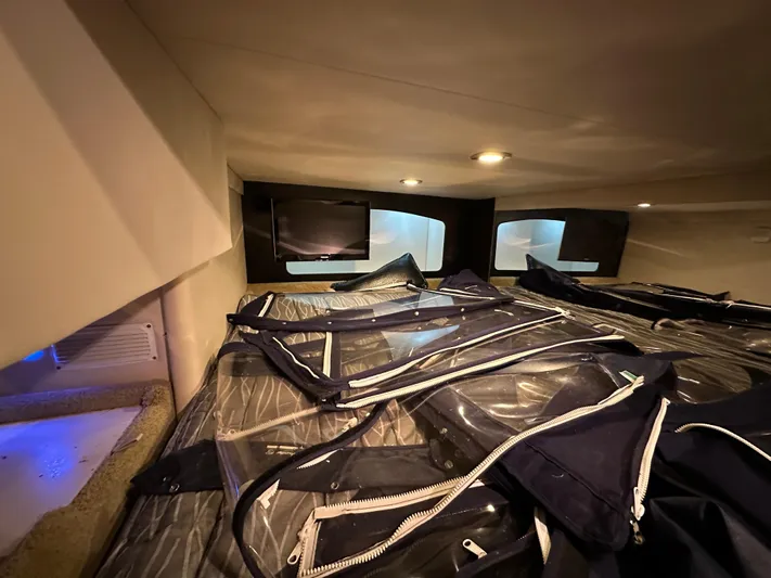  Yacht Photos Pics Interior cabin of 2014 Formula 370 Super Sport with storage bags and ambient lighting.
