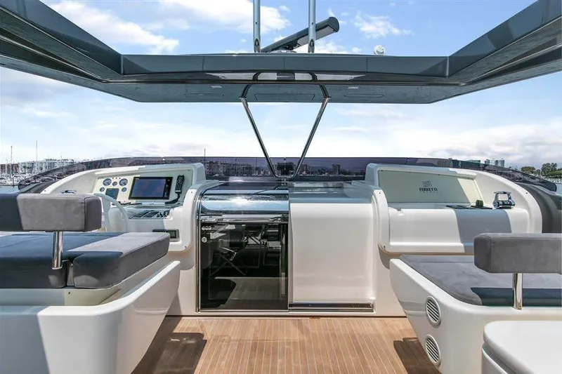 Lontano Yacht Photos Pics Luxurious 2016 Ferretti 960 yacht cockpit with modern navigation equipment and seating.