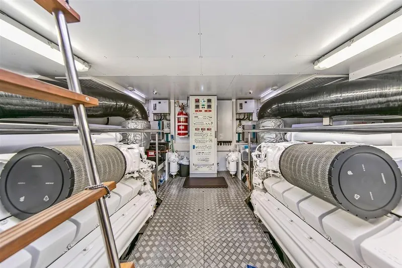 Lontano Yacht Photos Pics Engine room of 2016 Ferretti 960 yacht, featuring advanced machinery and control systems.