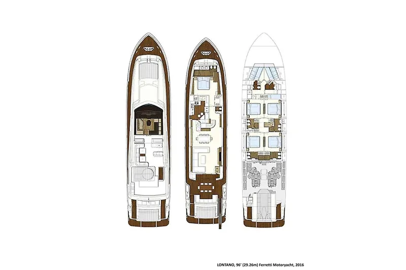 Lontano Yacht Photos Pics Floor plan of 2016 Ferretti 960 yacht, showcasing three detailed deck layouts.
