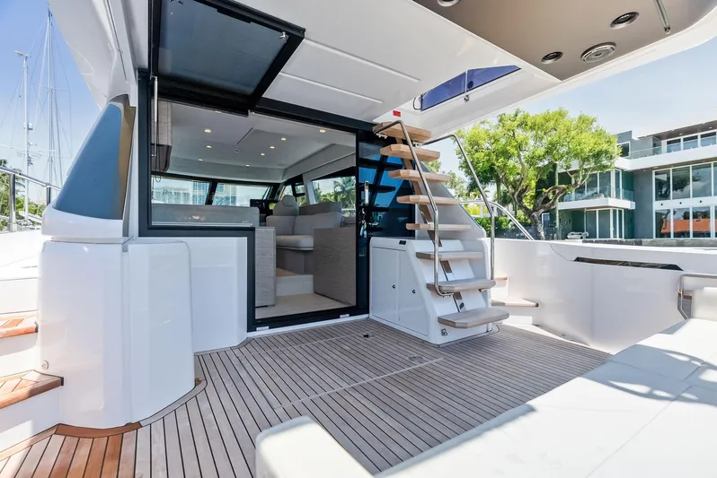 Ferretti 500 Yacht Photos Pics 2024 Ferretti Yachts 500 interior with modern design and wooden deck.