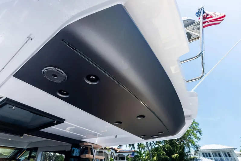 Ferretti 500 Yacht Photos Pics 2024 Ferretti Yachts 500, sleek design with modern audio system and American flag.