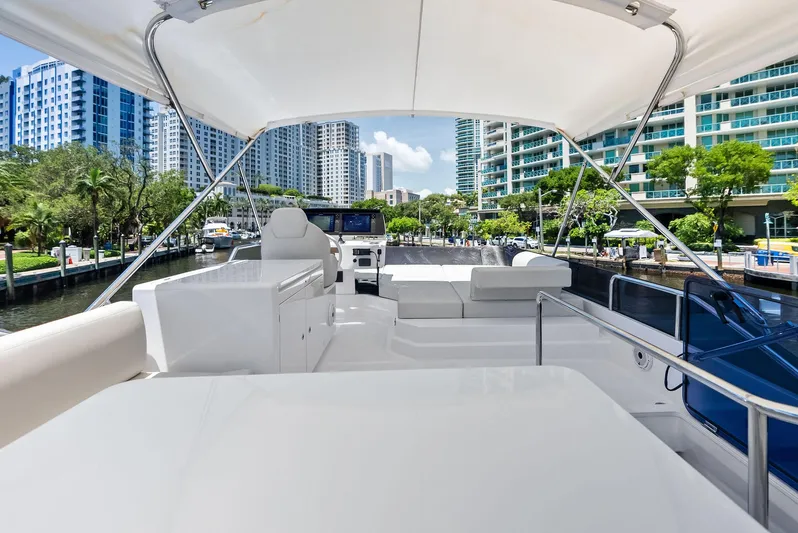 Ferretti 500 Yacht Photos Pics 2024 Ferretti Yachts 500 flybridge view, urban waterfront backdrop, modern luxury yacht design.