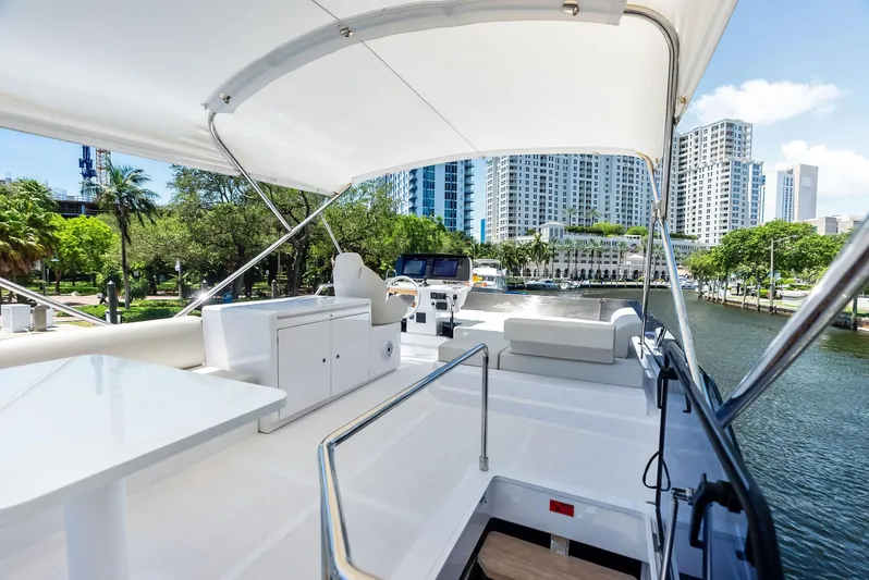 Ferretti 500 Yacht Photos Pics 2024 Ferretti Yachts 500 on a river, city skyline in background.