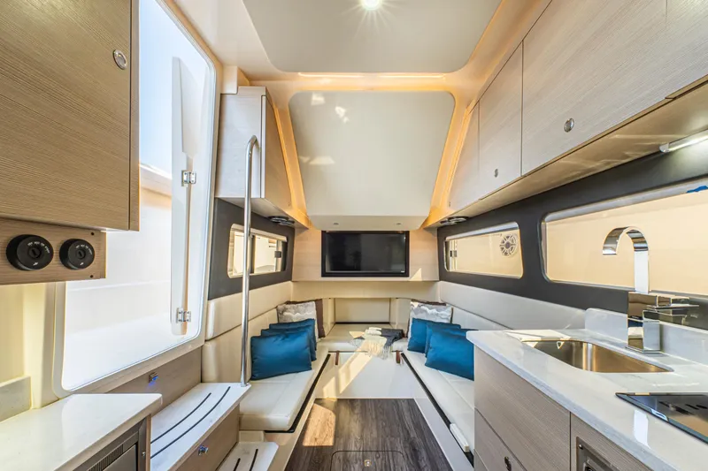  Yacht Photos Pics Luxurious interior of 2023 Scout 425 LXF yacht with modern amenities and elegant design.