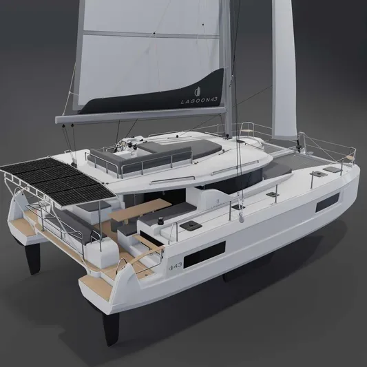  Yacht Photos Pics 2026 Lagoon 43 catamaran with sleek design and modern features, viewed from the rear.