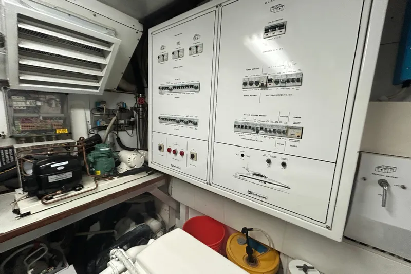 Gabriela G Yacht Photos Pics Electrical control panel in a 2001 Mangusta 72 yacht engine room.