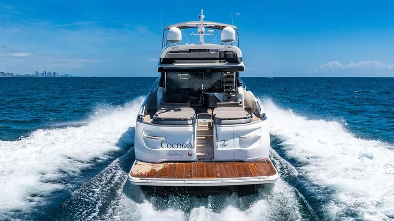 Cocoon Yacht Photos Pics Luxury Princess S78 yacht cruising on open sea, 2021 model.