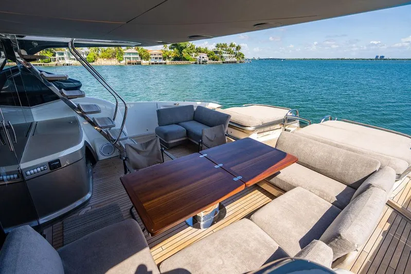 Cocoon Yacht Photos Pics Luxurious 2021 Princess S78 yacht deck with elegant seating and scenic ocean view.