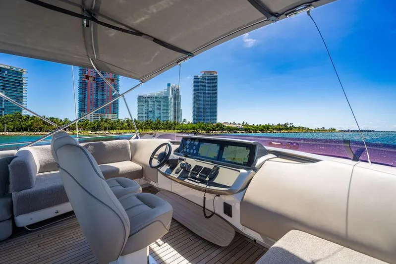 Cocoon Yacht Photos Pics Luxurious 2021 Princess S78 yacht interior with city skyline and ocean view.