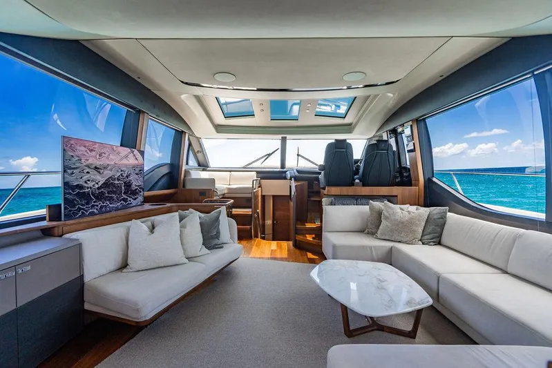 Cocoon Yacht Photos Pics Luxurious interior of 2021 Princess S78 yacht with ocean view and modern furnishings.