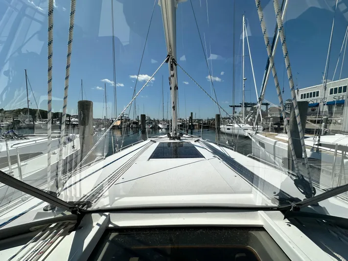 C426 #115 Yacht Photos Pics View from Catalina 426 sailboat, 2025 model, docked at a marina under clear blue skies.