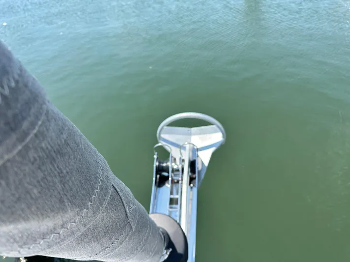 C426 #115 Yacht Photos Pics Bow of Catalina 426 sailboat with anchor over calm water, 2025 model.