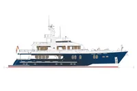 2024 Cape Scott 114 yacht, side view, sleek design, blue hull, white superstructure.