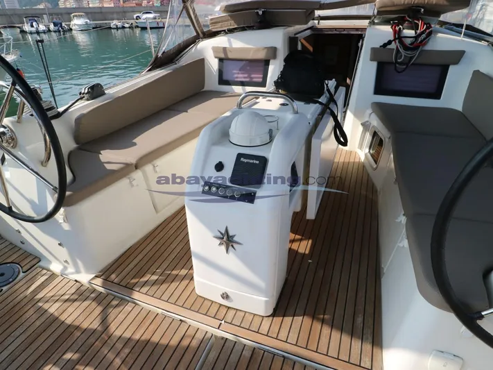  Yacht Photos Pics 2019 Jeanneau Sun Odyssey 410 cockpit with dual steering wheels and teak flooring.