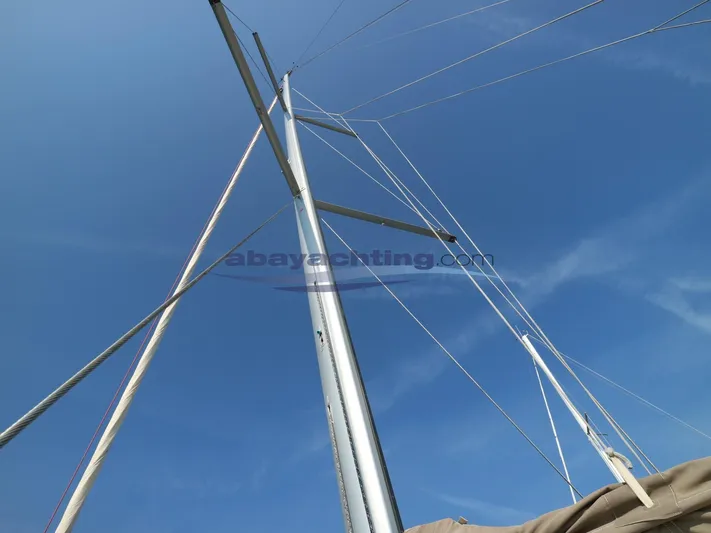  Yacht Photos Pics Mast and rigging of 2019 Jeanneau Sun Odyssey 410 sailboat against clear blue sky.