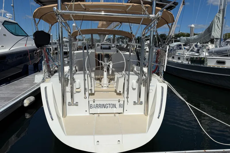 Pratique Yacht Photos Pics 2012 Outbound 46 sailboat docked in marina, Barrington, RI.