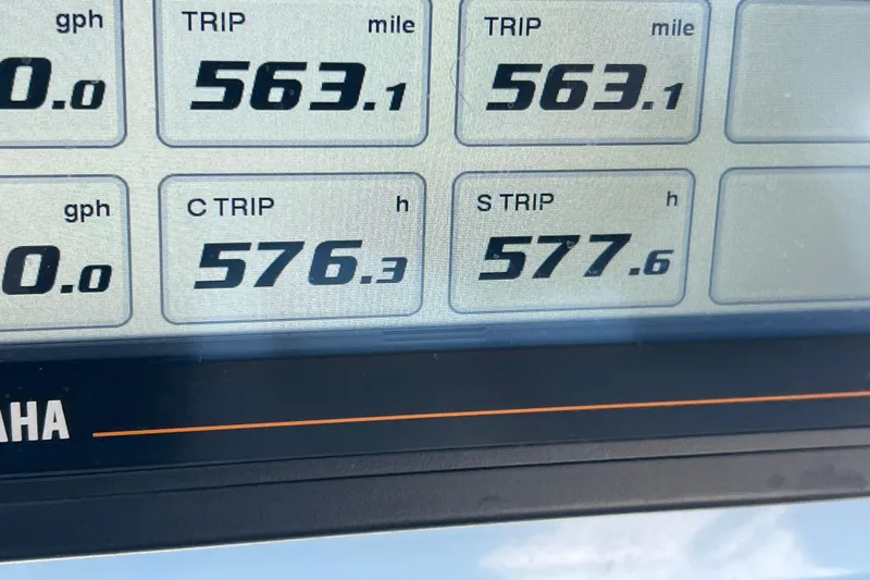  Yacht Photos Pics Close-up of a 2019 Pursuit S 368 Sport boat's digital trip display.